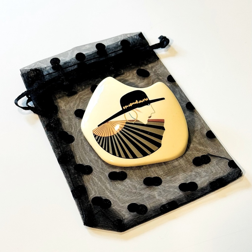 Vintage Art Deco Brooch Hat Black and Cream Lady  Ceramic Handmade Fall fashion